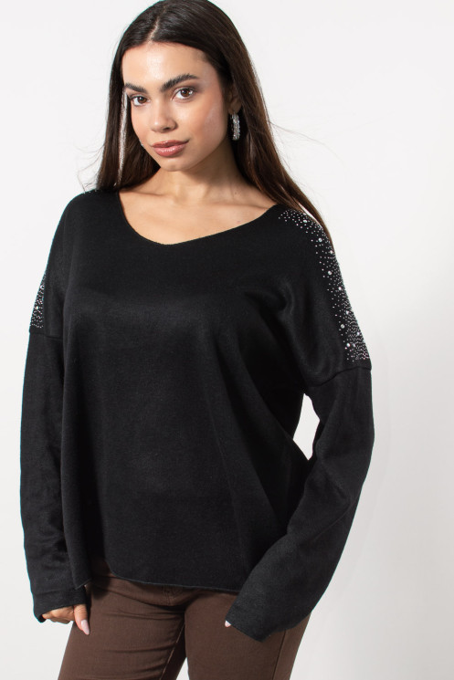 Blouse with Rhinestones on Shoulders - Black
