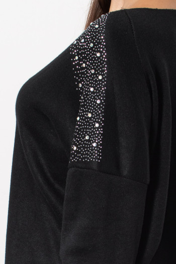 Blouse with Rhinestones on Shoulders - Black