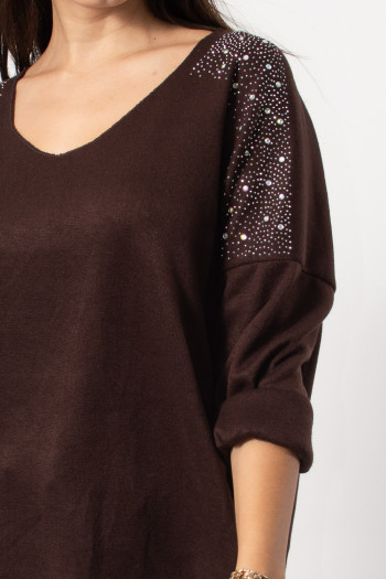 Blouse with Rhinestones on Shoulders - Brown
