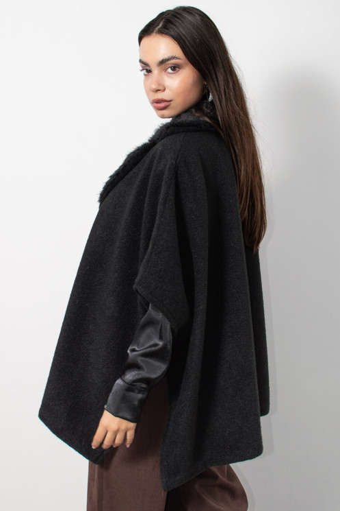 Fur Cape with Buttons - Black