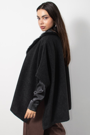 Fur Cape with Buttons - Black