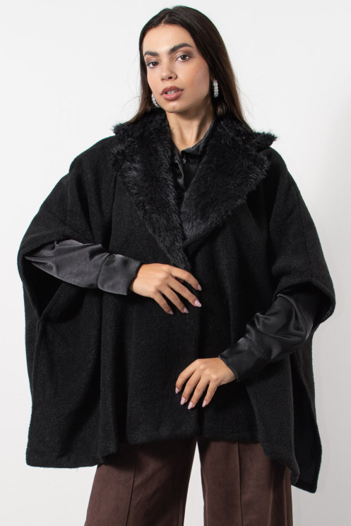 Fur Cape with Buttons - Black