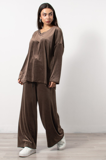 Velvet Set Blouse & Pants - Brown