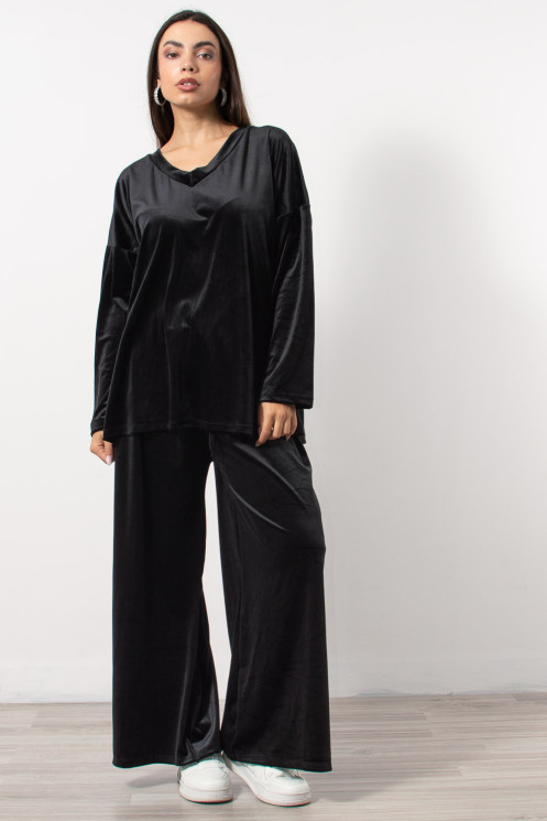 Velvet Set Blouse & Pants - Black