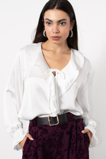 Satin Frilled Blouse - White