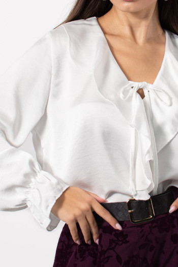 Satin Frilled Blouse - White