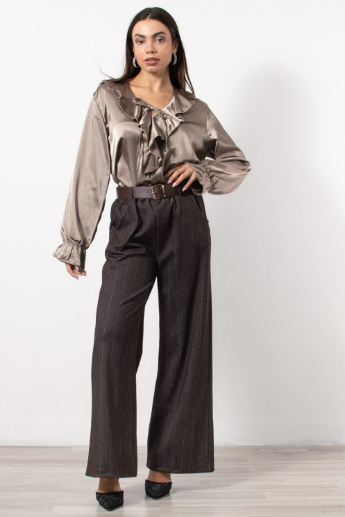Satin Frilled Blouse - Taupe