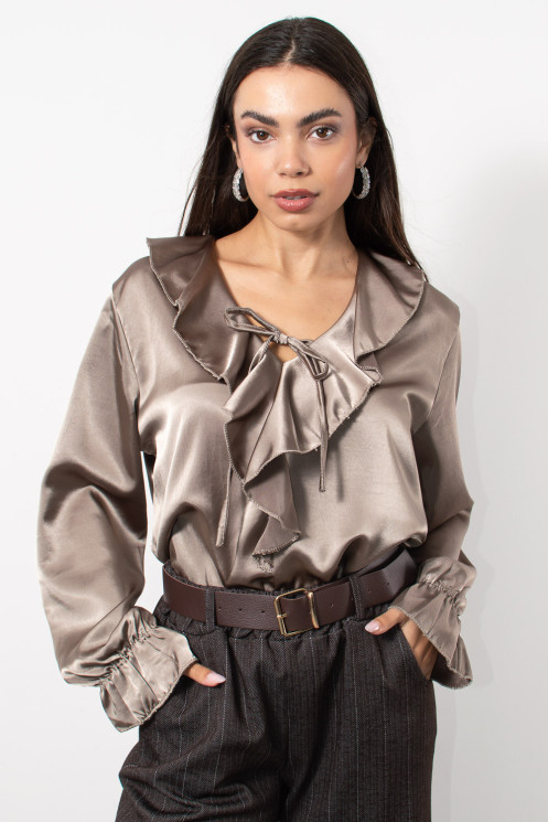 Satin Frilled Blouse - Taupe