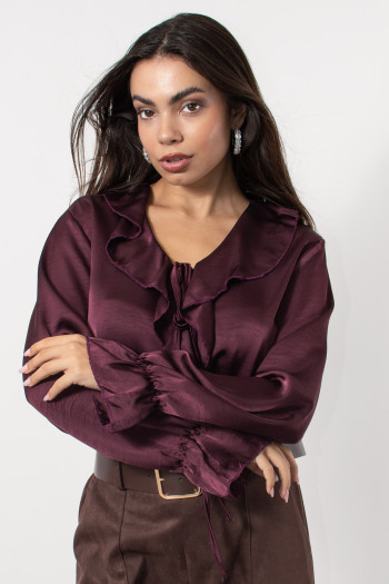 Satin Frilled Blouse - Burgundy