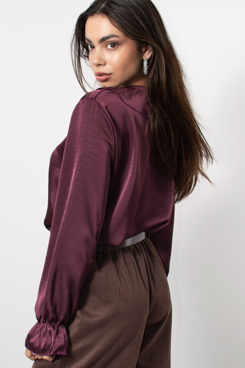 Satin Frilled Blouse - Burgundy