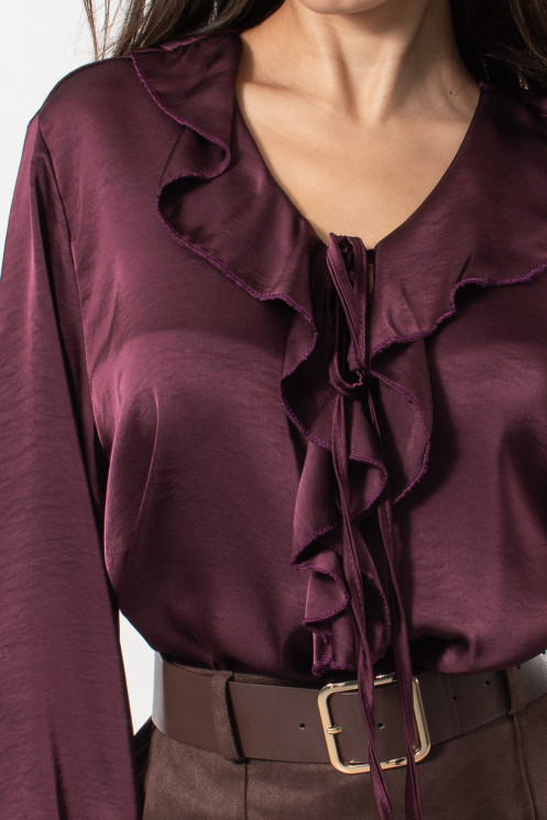 Satin Frilled Blouse - Burgundy