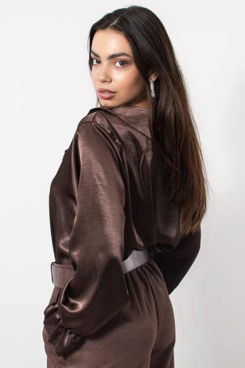 Satin Frilled Blouse - Brown