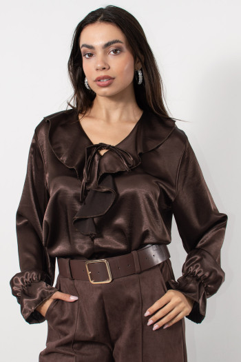Satin Frilled Blouse - Brown