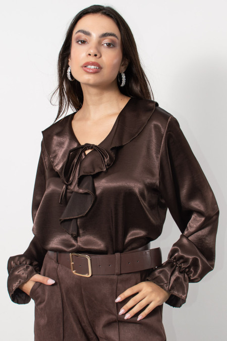 Satin Frilled Blouse - Brown