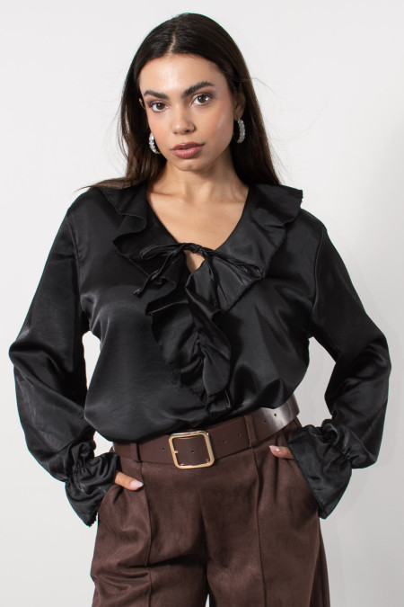 Satin Frilled Blouse - Black