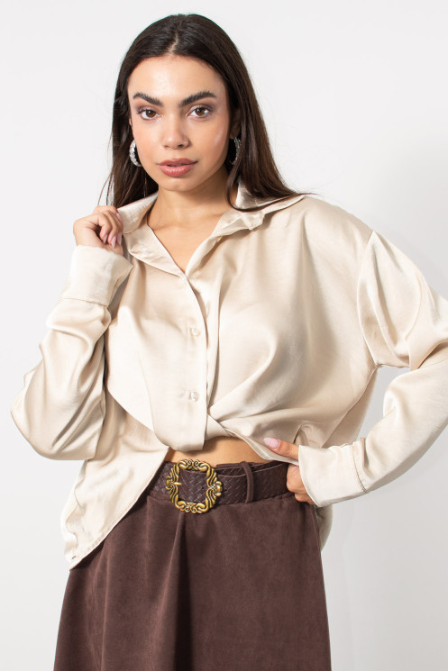 Satin Cropped Blouse - Beige