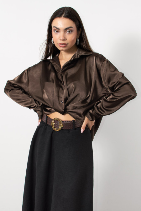 Satin Cropped Blouse - Brown