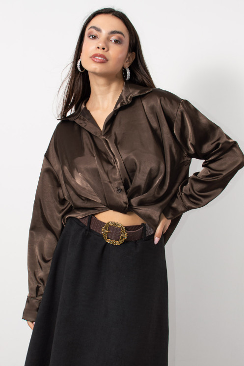Satin Cropped Blouse - Brown