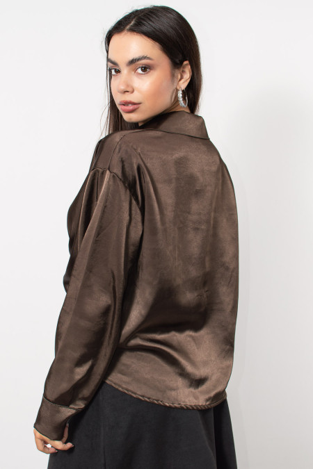 Satin Cropped Blouse - Brown 2