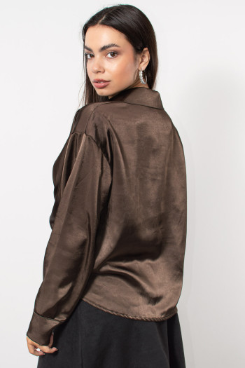 Satin Cropped Blouse - Brown