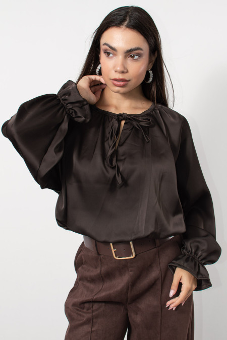 Satin Baloon Blouse - Brown