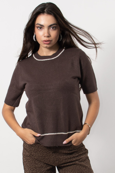 Short Sleeve Knit with Rhinestones - Brown