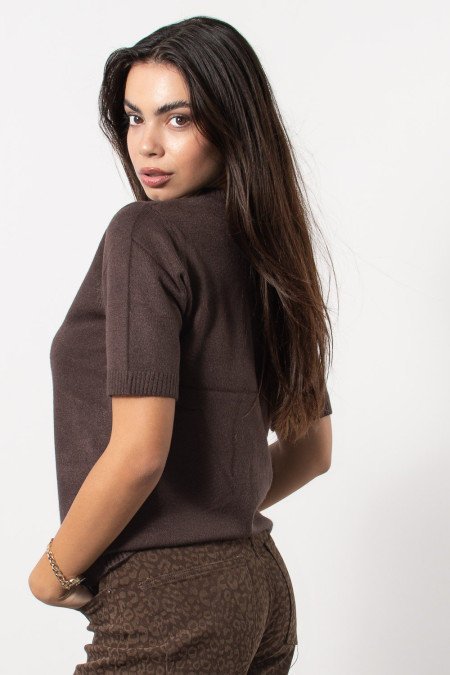 Short Sleeve Knit with Rhinestones - Brown 2