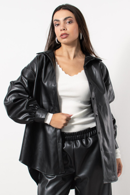 Faux Leather Overshirt - Black