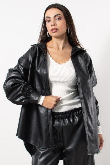 Faux Leather Overshirt - Black