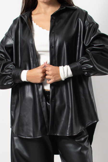 Faux Leather Overshirt - Black