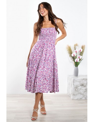 Φόρεμα με τιράντες, μίντι εμπριμέ σε ροζ χρώμα, με λουλούδια και Σφηκοφωλιά στο στήθος.