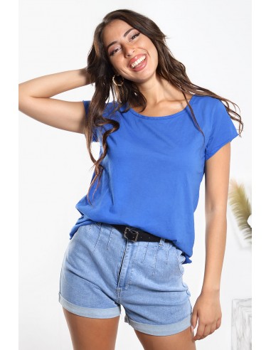 Γυναικείο T-shirt Βαμβακερό φλάμα με κοντά μανίκια σε μπλε ρουά χρώμα.
