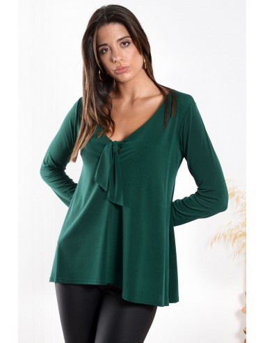 Γυναικεία μπλούζα με φαρδιά γραμμή, σε πράσινο κυπαρισσί χρώμα, με φιόγκο στο στήθος.