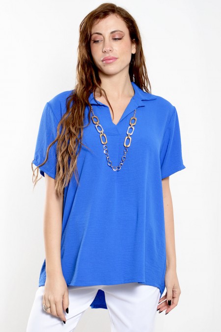 Asymmetric Blouse with Necklace - Royal Blue