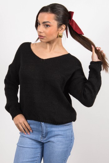 Πλεκτό Πουλόβερ V Λαιμός - Μαύρο