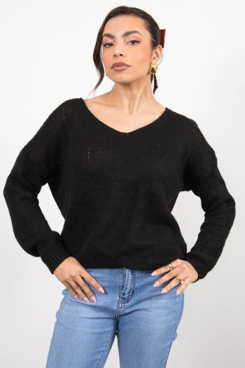 Πλεκτό Πουλόβερ V Λαιμός - Μαύρο