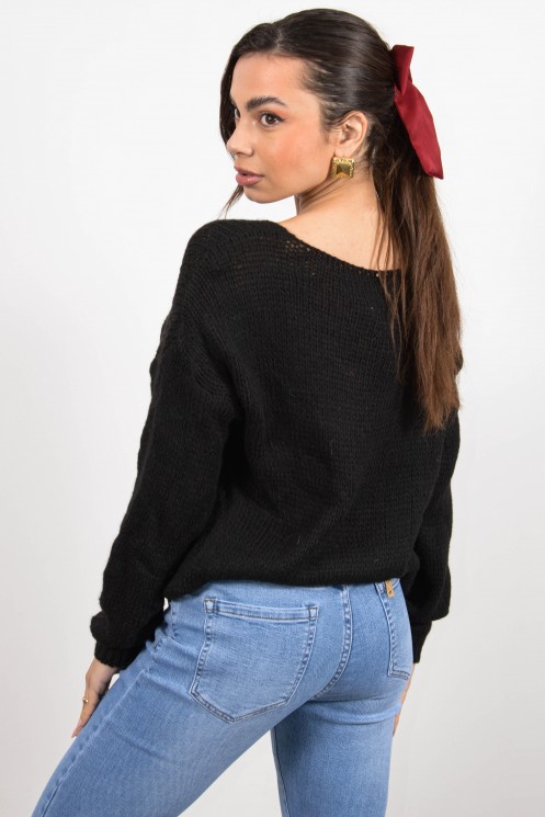 Πλεκτό Πουλόβερ V Λαιμός - Μαύρο