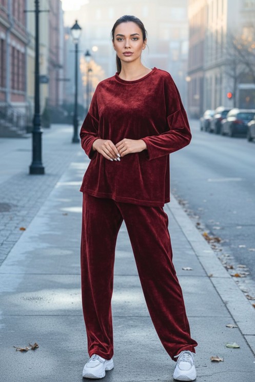 Velvet Tracksuit Set - burgundy