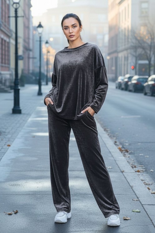 Velvet Tracksuit Set - Grey