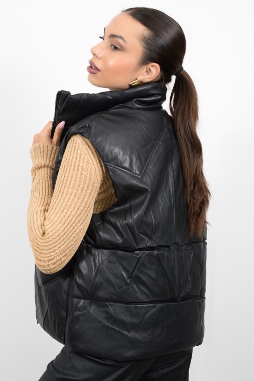 Sleeveless Leather Jacket - Black