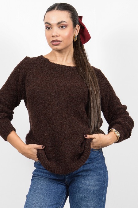Πλεκτό Πουλόβερ Μπουκλέ - Καφέ