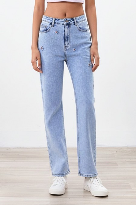 Τζιν Παντελονι Wide Leg με Στρας