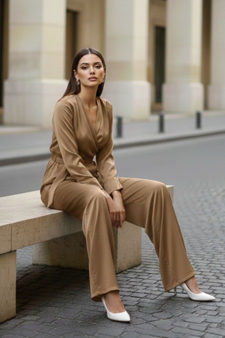 Σατέν Σετ Κρουαζέ Μπλούζα Παντελόνι - Μπεζ