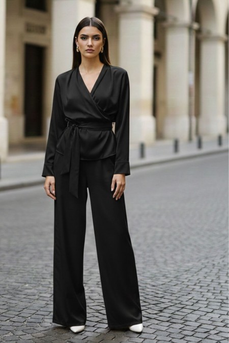 Σατέν Σετ Κρουαζέ Μπλούζα Παντελόνι - Μαύρο