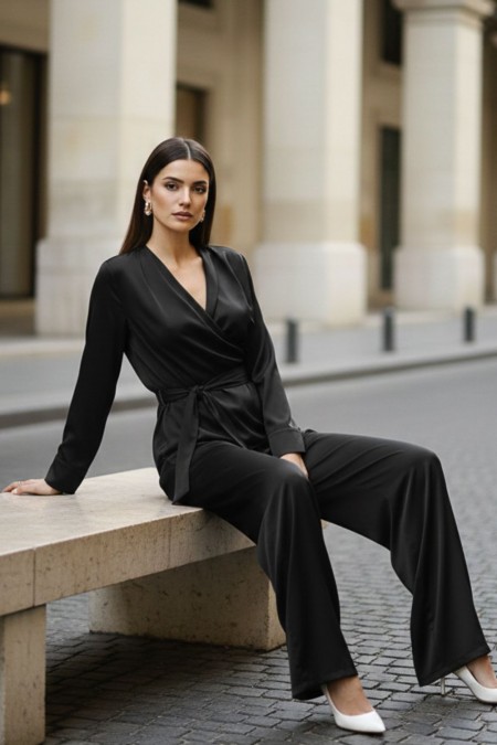 Σατέν Σετ Κρουαζέ Μπλούζα Παντελόνι - Μαύρο 2