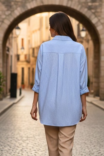 Ριγέ Πουκάμισο Oversized με Στράς