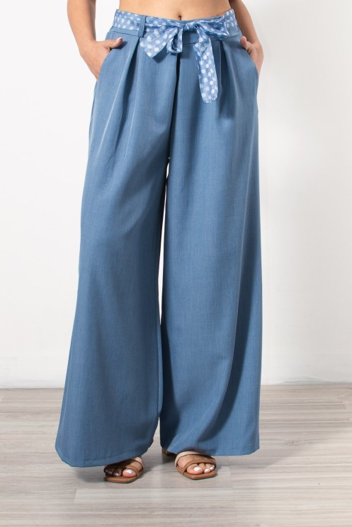 Palazzo Pants with Polka Dot Belt - Blue