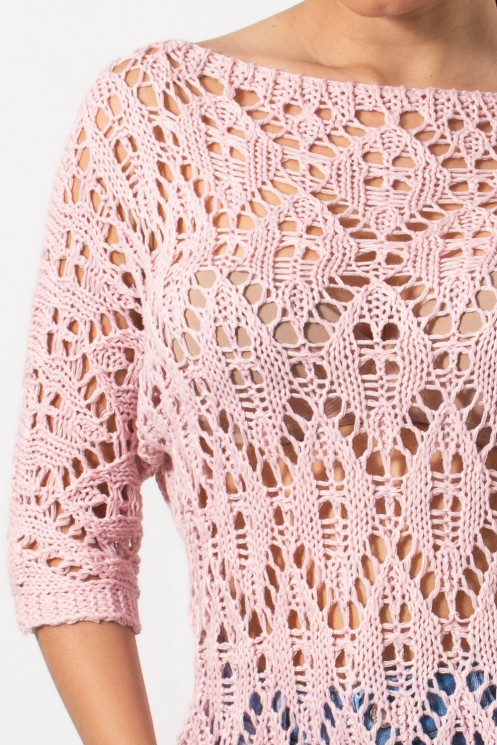 Knitted Summer Blouse with Lace - Pink