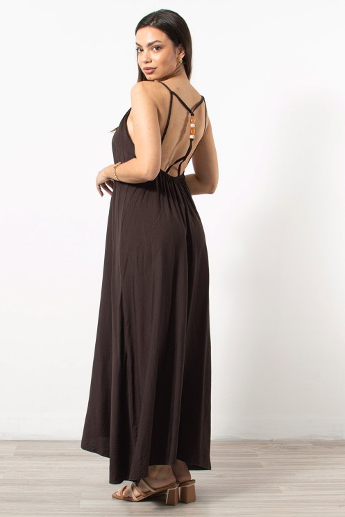 Loose Long Dress with Beads - Brown