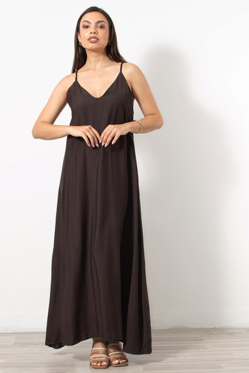 Loose Long Dress with Beads - Brown